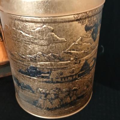 3D wall art plaque by Coppercraft Guild, titled "Traveler's Rest". with two vintage black and bronze / gold lacquer tins