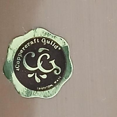 3D wall art plaque by Coppercraft Guild, titled "Traveler's Rest". with two vintage black and bronze / gold lacquer tins