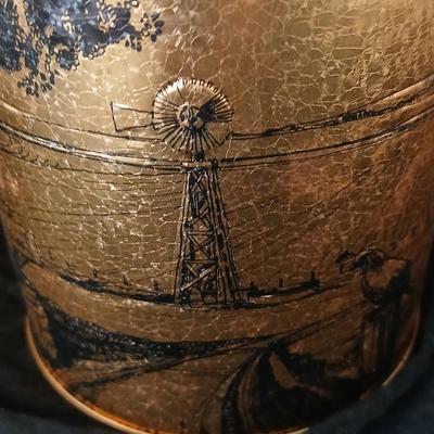 3D wall art plaque by Coppercraft Guild, titled "Traveler's Rest". with two vintage black and bronze / gold lacquer tins