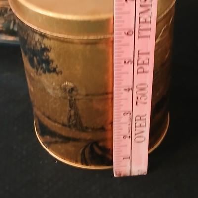 3D wall art plaque by Coppercraft Guild, titled "Traveler's Rest". with two vintage black and bronze / gold lacquer tins