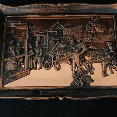 3D wall art plaque by Coppercraft Guild, titled "Traveler's Rest". with two vintage black and bronze / gold lacquer tins