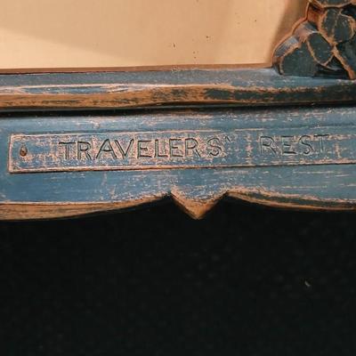 3D wall art plaque by Coppercraft Guild, titled "Traveler's Rest". with two vintage black and bronze / gold lacquer tins