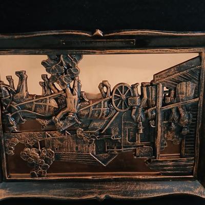 3D wall art plaque by Coppercraft Guild, titled "Traveler's Rest". with two vintage black and bronze / gold lacquer tins