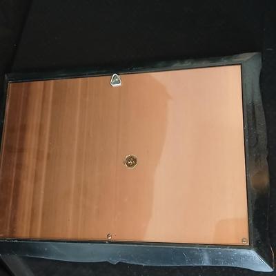 3D wall art plaque by Coppercraft Guild, titled "Traveler's Rest". with two vintage black and bronze / gold lacquer tins