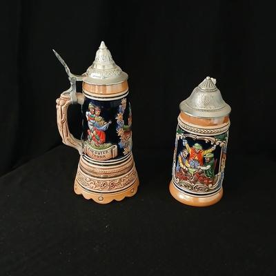 Two vintage German lidded porcelain beer steins - Gerz West Germany marked and Swiss Musical Mapsa