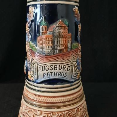 Two vintage German lidded porcelain beer steins - Gerz West Germany marked and Swiss Musical Mapsa