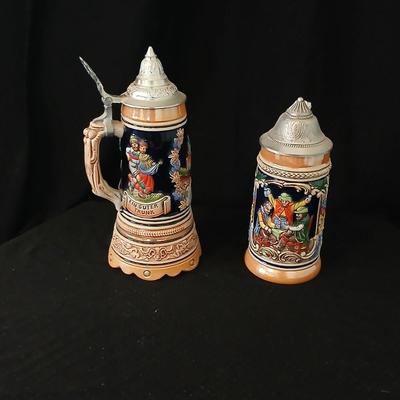 Two vintage German lidded porcelain beer steins - Gerz West Germany marked and Swiss Musical Mapsa