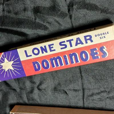 Jar of vintage marbles with a Vintage Halsam lone star double six Dominoes game