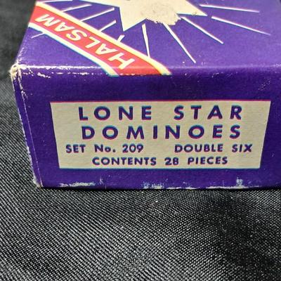 Jar of vintage marbles with a Vintage Halsam lone star double six Dominoes game
