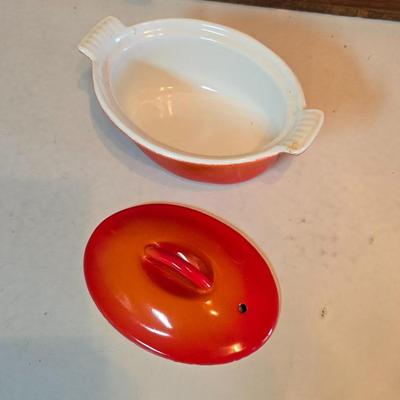 1950s Flame Cocotte Single Small Lidded Oval Pot 2 Cups Vintage Descoware Belgium Cast Iron Enameled French Cookware