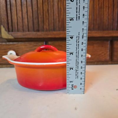 1950s Flame Cocotte Single Small Lidded Oval Pot 2 Cups Vintage Descoware Belgium Cast Iron Enameled French Cookware