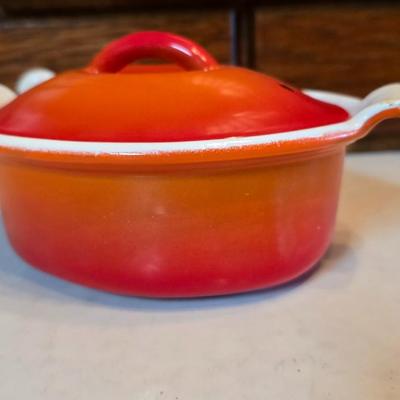 1950s Flame Cocotte Single Small Lidded Oval Pot 2 Cups Vintage Descoware Belgium Cast Iron Enameled French Cookware
