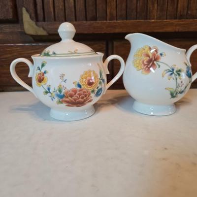 Noritake Versatone Asian Bouquet pattern - 4-piece place setting Plates with oval bowl, sugar & creamer, platter & mugs