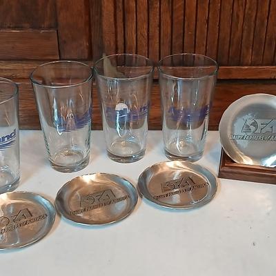 Four Agland drinking glasses and four FA Dairy farmers of America Wendell August handmade pewter coasters