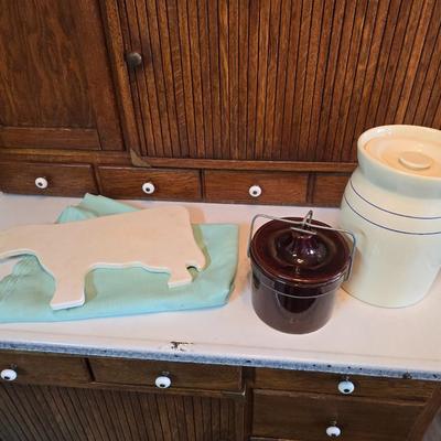 Cow shaped cutting board - Milk cookie jar- Crock with lid