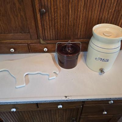 Cow shaped cutting board - Milk cookie jar- Crock with lid