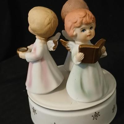Two angel musical figures - and two small Enesco pocelain figures