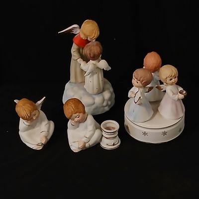 Two angel musical figures - and two small Enesco pocelain figures
