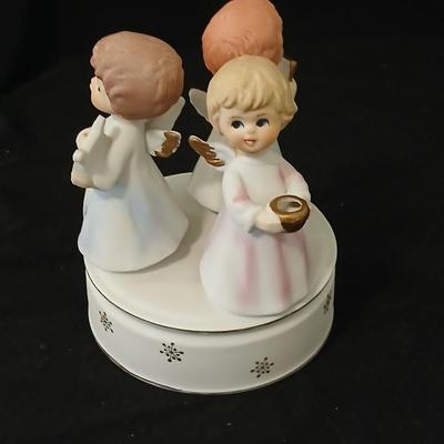 Two angel musical figures - and two small Enesco pocelain figures