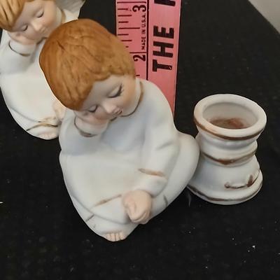 Two angel musical figures - and two small Enesco pocelain figures
