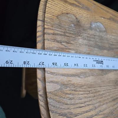 vintage solid oak magazine rack side table / telephone table / end table with a wooden milking stool