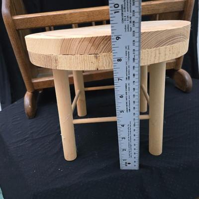 vintage solid oak magazine rack side table / telephone table / end table with a wooden milking stool