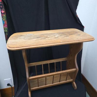 vintage solid oak magazine rack side table / telephone table / end table with a wooden milking stool