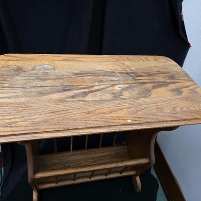 vintage solid oak magazine rack side table / telephone table / end table with a wooden milking stool