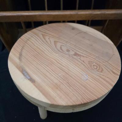 vintage solid oak magazine rack side table / telephone table / end table with a wooden milking stool