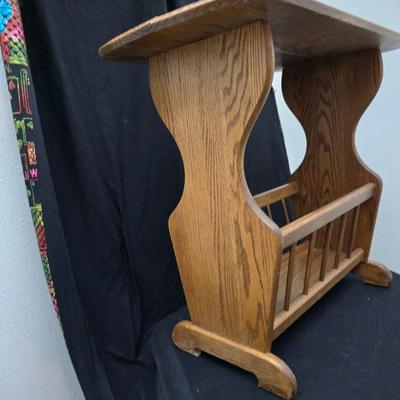 vintage solid oak magazine rack side table / telephone table / end table with a wooden milking stool