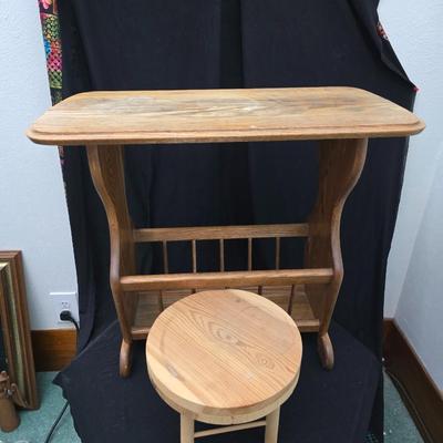 vintage solid oak magazine rack side table / telephone table / end table with a wooden milking stool