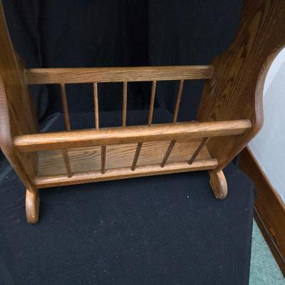 vintage solid oak magazine rack side table / telephone table / end table with a wooden milking stool