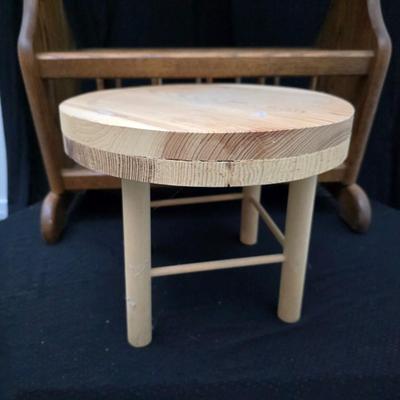 vintage solid oak magazine rack side table / telephone table / end table with a wooden milking stool
