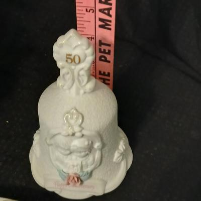 Wilton wedding Cake topper - Anniversary plate - 50th anniversary precious moments Bell - Bianca floral platter and a pink tone lace...