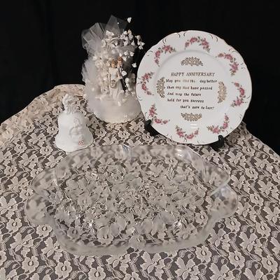 Wilton wedding Cake topper - Anniversary plate - 50th anniversary precious moments Bell - Bianca floral platter and a pink tone lace...