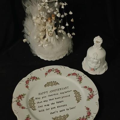 Wilton wedding Cake topper - Anniversary plate - 50th anniversary precious moments Bell - Bianca floral platter and a pink tone lace...