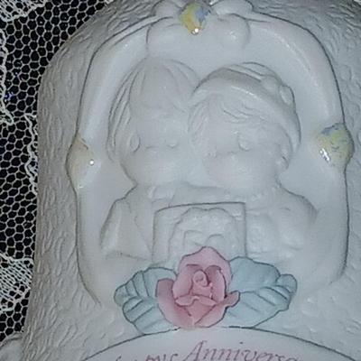 Wilton wedding Cake topper - Anniversary plate - 50th anniversary precious moments Bell - Bianca floral platter and a pink tone lace...