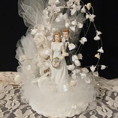 Wilton wedding Cake topper - Anniversary plate - 50th anniversary precious moments Bell - Bianca floral platter and a pink tone lace...