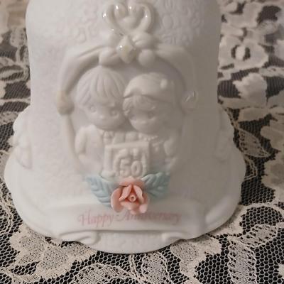 Wilton wedding Cake topper - Anniversary plate - 50th anniversary precious moments Bell - Bianca floral platter and a pink tone lace...