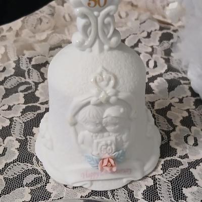 Wilton wedding Cake topper - Anniversary plate - 50th anniversary precious moments Bell - Bianca floral platter and a pink tone lace...