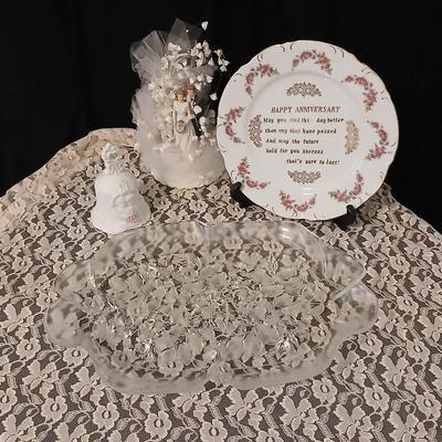 Wilton wedding Cake topper - Anniversary plate - 50th anniversary precious moments Bell - Bianca floral platter and a pink tone lace...