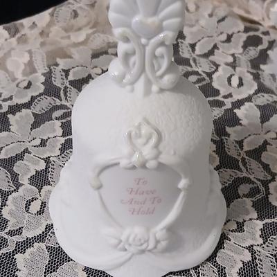 Wilton wedding Cake topper - Anniversary plate - 50th anniversary precious moments Bell - Bianca floral platter and a pink tone lace...