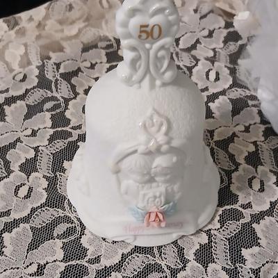 Wilton wedding Cake topper - Anniversary plate - 50th anniversary precious moments Bell - Bianca floral platter and a pink tone lace...