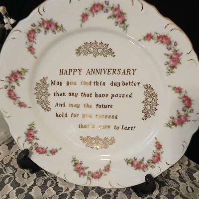 Wilton wedding Cake topper - Anniversary plate - 50th anniversary precious moments Bell - Bianca floral platter and a pink tone lace...