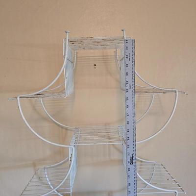 Multi - tiered Mid-century modern metal plant stand with glass vases and a glass flower frog