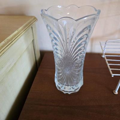 Multi - tiered Mid-century modern metal plant stand with glass vases and a glass flower frog