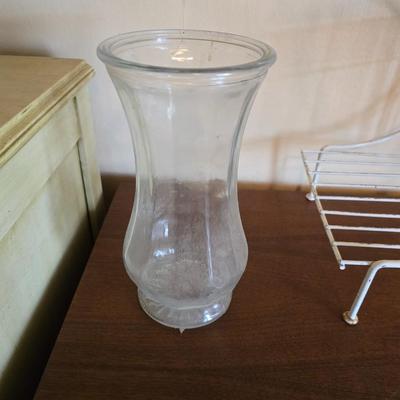 Multi - tiered Mid-century modern metal plant stand with glass vases and a glass flower frog