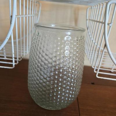 Multi - tiered Mid-century modern metal plant stand with glass vases and a glass flower frog