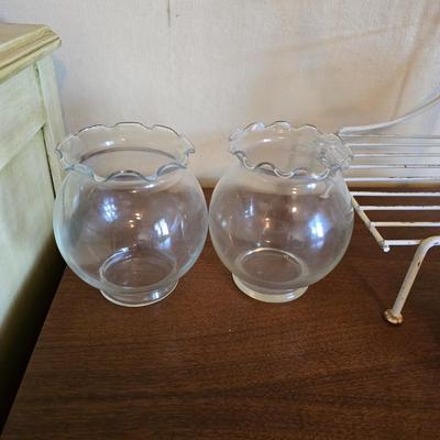 Multi - tiered Mid-century modern metal plant stand with glass vases and a glass flower frog