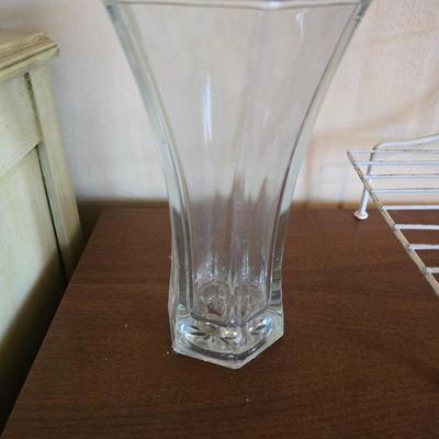 Multi - tiered Mid-century modern metal plant stand with glass vases and a glass flower frog